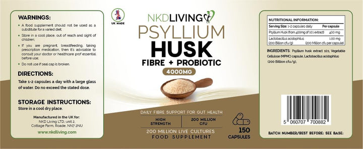 Psyllium Husk Capsules 4000Mg with Lactobacillus Acidophilus | 200 Million CFU | Natural Soluble Fibre | 150 Vegan Capsules