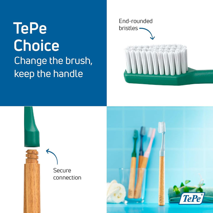 Choice Toothbrush, Soft, Green, 1Pc, Wooden Handle, 3Pcs Brush Heads, Soft Bristle Toothbrush, Good for Teeth Cleaning and Plaque Removal