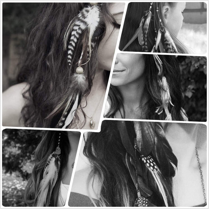 6Pcs Feather Hair Clips, Handmade Boho Hair Extensions with Clip Comb, Bohemian Hippie Hairpin Headdress Accessories, Halloween Cosplay Headwear
