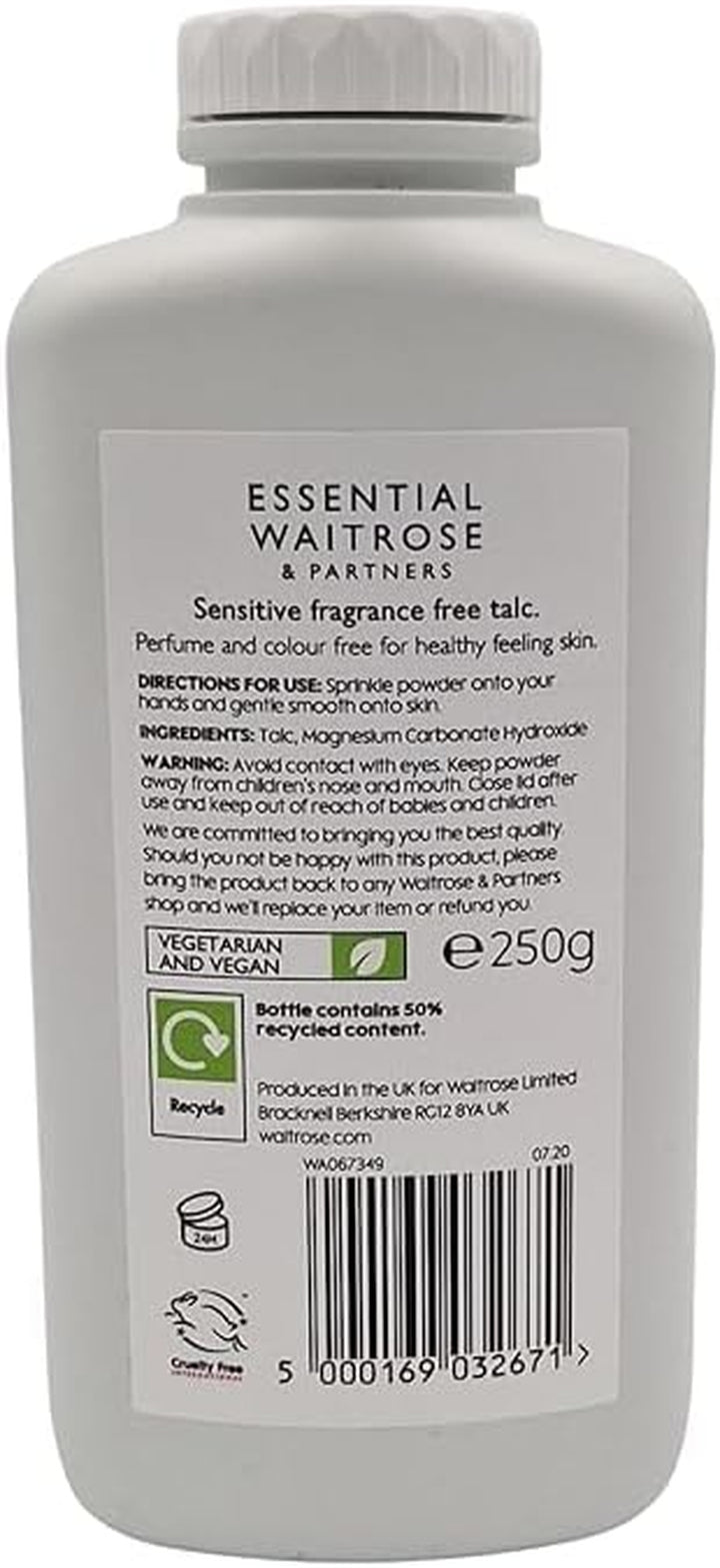 Waitrose Sensitive Talc Powder 250G | Fragrance Free | Talc for Men and Women | Pack of 2
