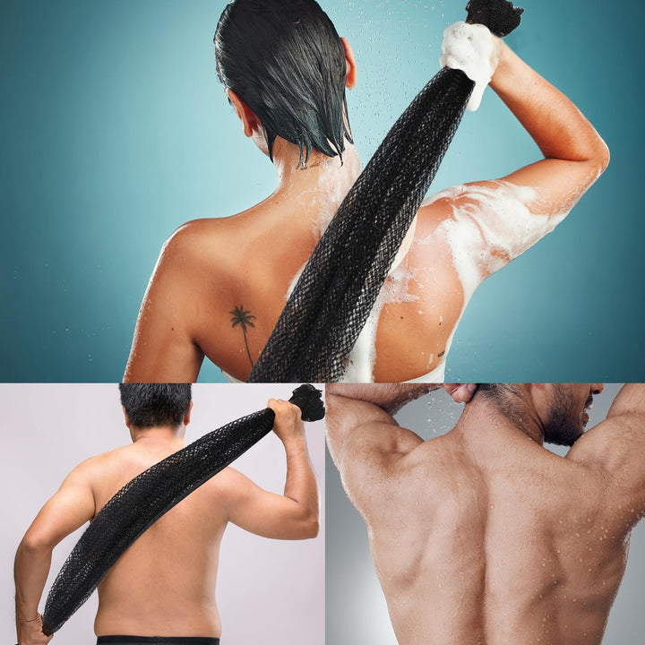African Net Long Bath Net Sponge, Bathing Body Exfoliating Shower Body Back Scrubber Skin Smoother,Stretch Length to 66 INCH (Black)