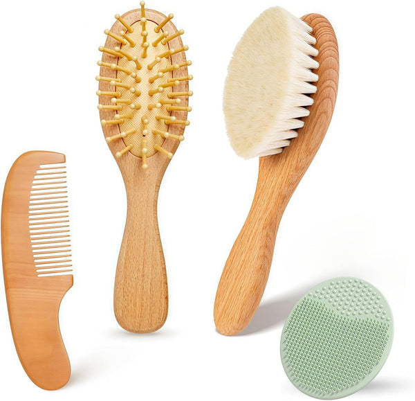 Baby Hair Brush and Comb Set - 4Pcs Toddler Hair Brush with Soft Bristles, Natural Wooden Handle Baby Grooming Kit for Newborns, Baby Essentials, Cradle Cap Brush