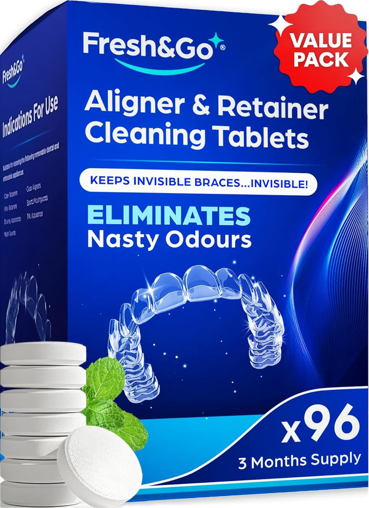 ® Retainer Cleaning Tablets - 3 Months Supply - 96 Tablets Fresh, Mint, Clean, Brite, Stain-Free - Eliminates Odour - Suitable for Dentures, Mouth Guards, Retainers, Aligners