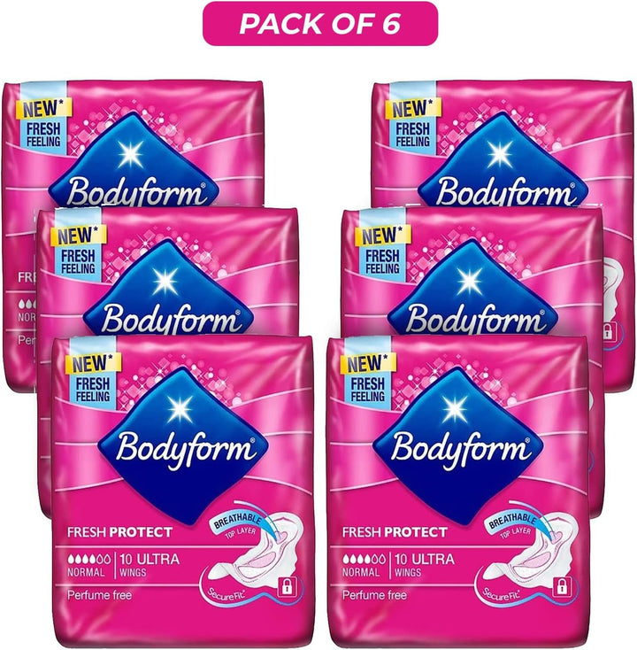 Body Form 10 Ultra Sanitary Towels with Wings Pack of 6, 60 (10 X6 Packs) Perfume Free Period Pads, Normal Flow Cour-V Ultra with  Period Tracker
