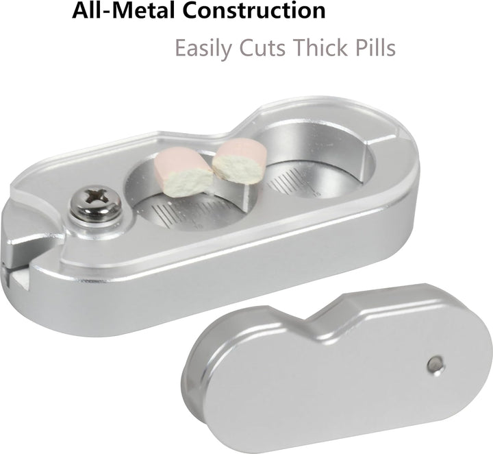 Pill Cutter for Small Pill, 1/2, 1/4, 1/8 Cutting, Metal Pill Cutter with Laser Scale& Transprent Lid, Silver