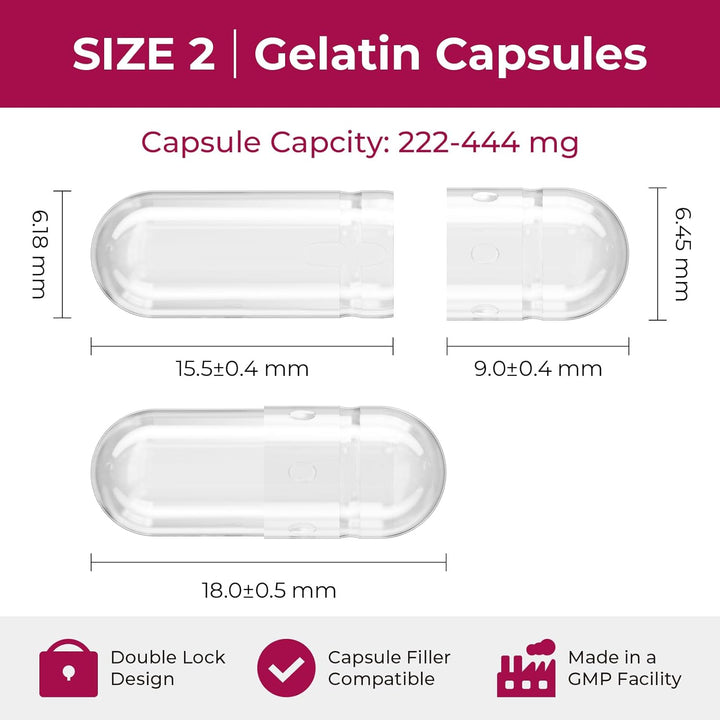 Empty Capsules Size 2 100 Count,Clear Empty Gelatin Capsules Kosher,Halal and Non GMO Certified for DIY Supplements.Hypoallergenic Gel Capsules Empty with 2 Spoons,Adapted to the Capsule Filler
