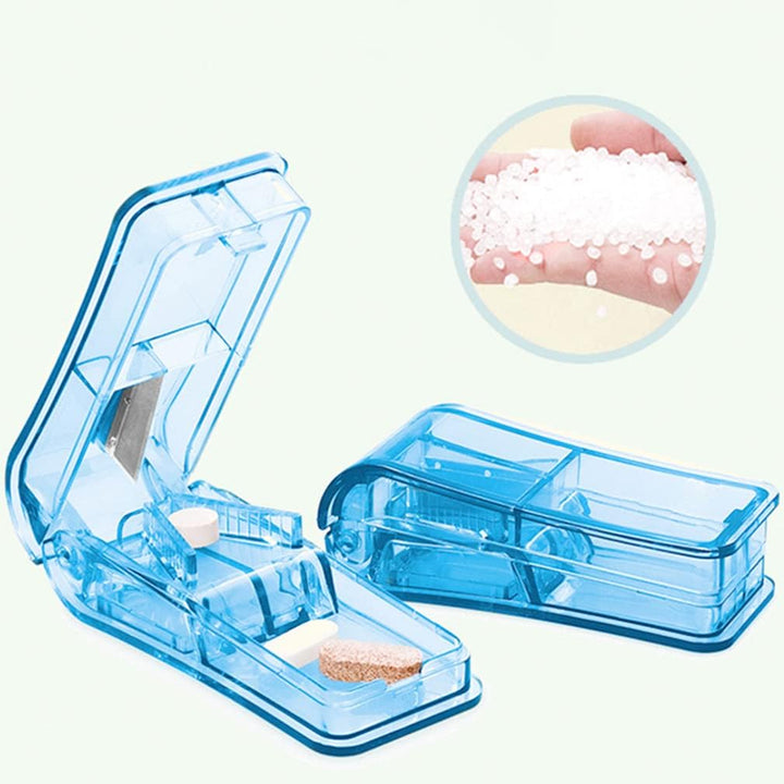 Pill Cutter, Portable Tablet Cutter with Blade and Storage Compartment 2-In-1 Pill Splitter Pill Case Half Quarter for Small or Large Pills Transparent Blue