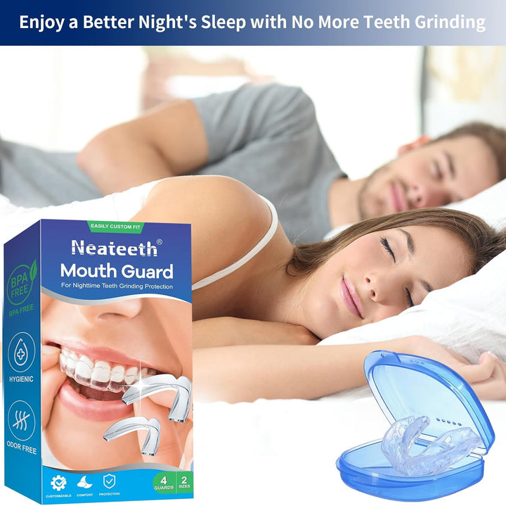 Mouth Guard for Teeth Grinding, Upgraded Night Guards for Sleeping, Pack of 4 Moldable Mouth Guard Stops Bruxism and Teeth Clenching 2 Sizes with a Travel Cases