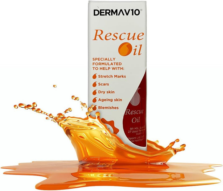 Derma V10 Rescue Oil, Reduce Appearance of Stretch Marks Scar Tissue, Dry, Dehydrated Skin, after Sun, Ageing, Blemishes, Clinically Tested, Paraben Free, Vegan Friendly, Made in the UK