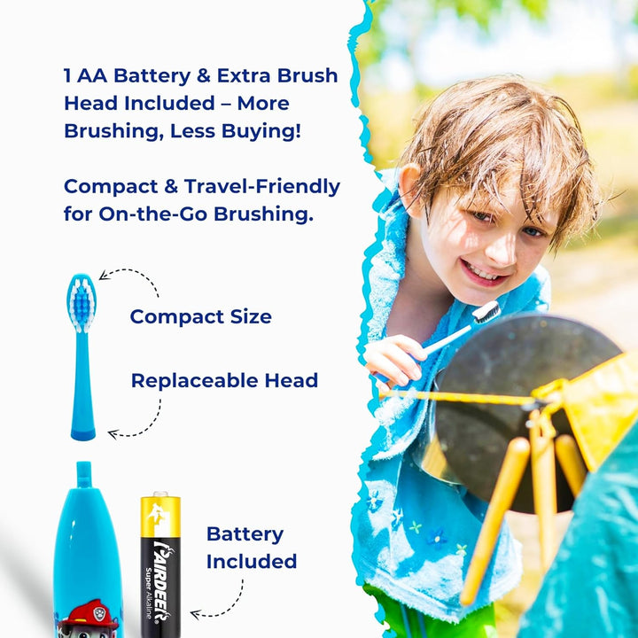 Paw Patrol Battery Powered Electric Toothbrush for Kids – Soft Zig-Zag Bristles, Easy-Grip Handle, Extra Replacement Head & Battery Included | Gentle, Effective, and Fun Oral Care for Children Ages 3+