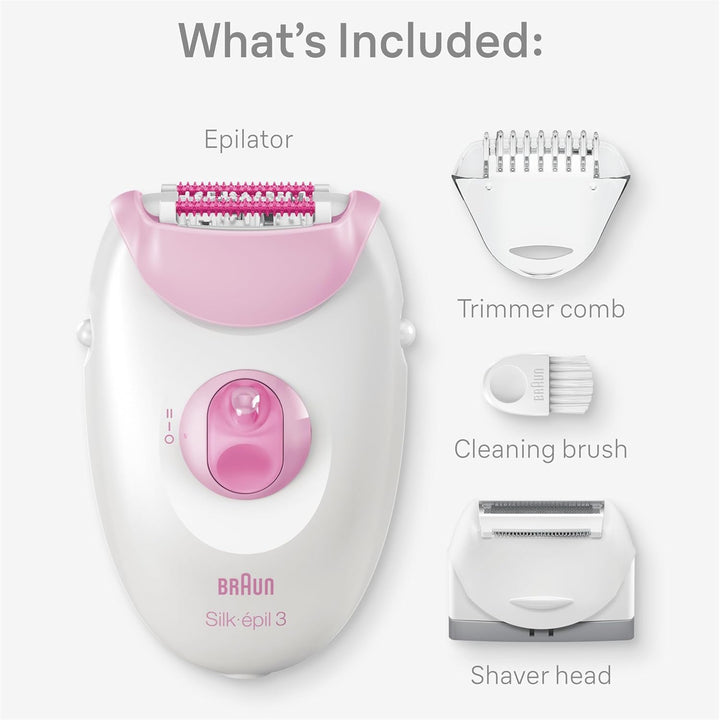 Silk-Épil 3, Corded Epilator for Hair Removal, Weeks of Smooth Skin, with Lady Shaver Head & Trimmer Comb, 3-031, Pink