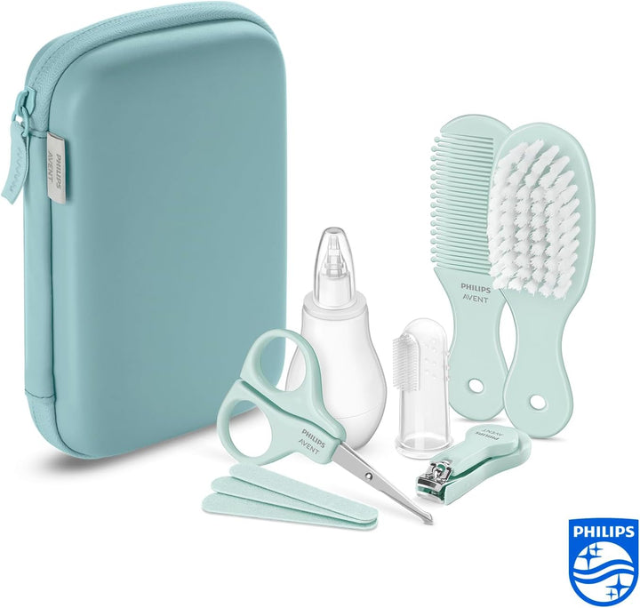 Avent Baby Care Set - Essential Baby Care Set with 9 Accessories, Nail Clipper, Scissors, 3 Emery Boards, Bomb, Hairbrush, Nasal Aspirator and Finger Toothbrush (Model SCH401/00)