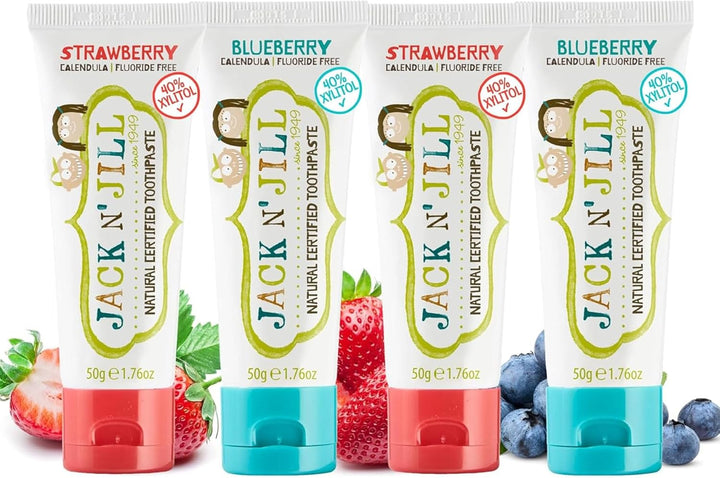 Jack N’ Jill Natural Certified Kids Toothpaste – Fluoride-Free Toddler & Baby Toothpaste with 40% Xylitol, No Sugar, Suitable from 6 Months+, Banana & Strawberry Flavour, Pack of 2 (50G Each)