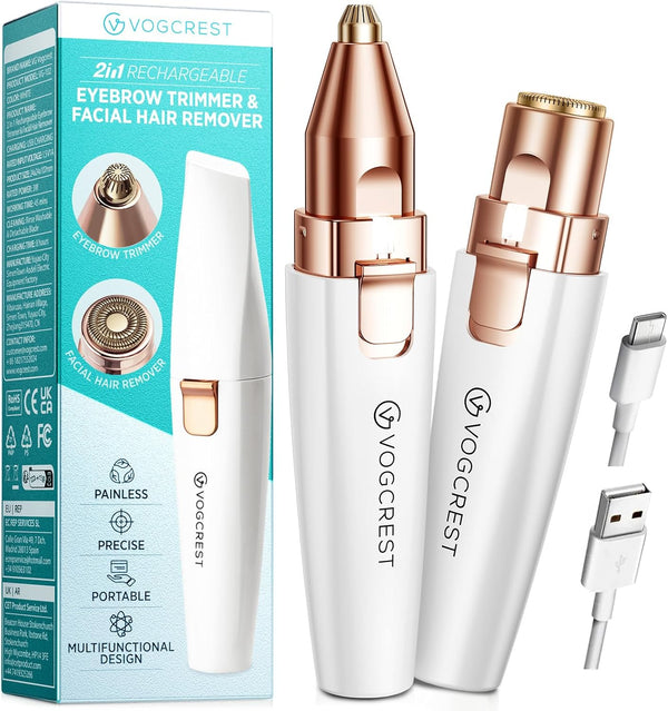 Eyebrow Facial Trimmer: 2 In1 Rechargeable Facial Hair Removal and Eyebrow Shaver - Face Lips Body Painless Facial Razor with Built-In LED Light (White)