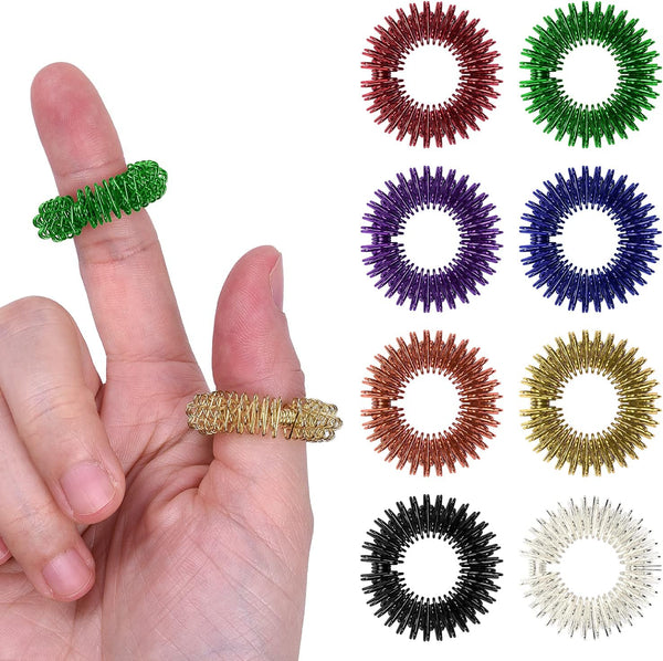 16 Pcs Spiky Sensory Finger Rings, Metal Acupressure Rings, Silent Anxiety and Stress Relief Fidget Ring Set for Teens, Adults - 8 Colours