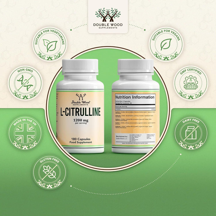 Double Wood L Citrulline | 180 L-Citrulline Capsules - 1200Mg L Citrulline per Serving | 90 Servings | Nitric Oxide Supplement | Promotes Cardiovascular and Muscle Health | Non-Gmo | UK Manufactured