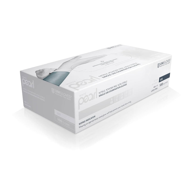 White Pearl Nitrile Examination Gloves - Multipurpose, Powder Free and Latex Free Disposable Gloves - Box of 100 Gloves, White, Medium (GP0023)
