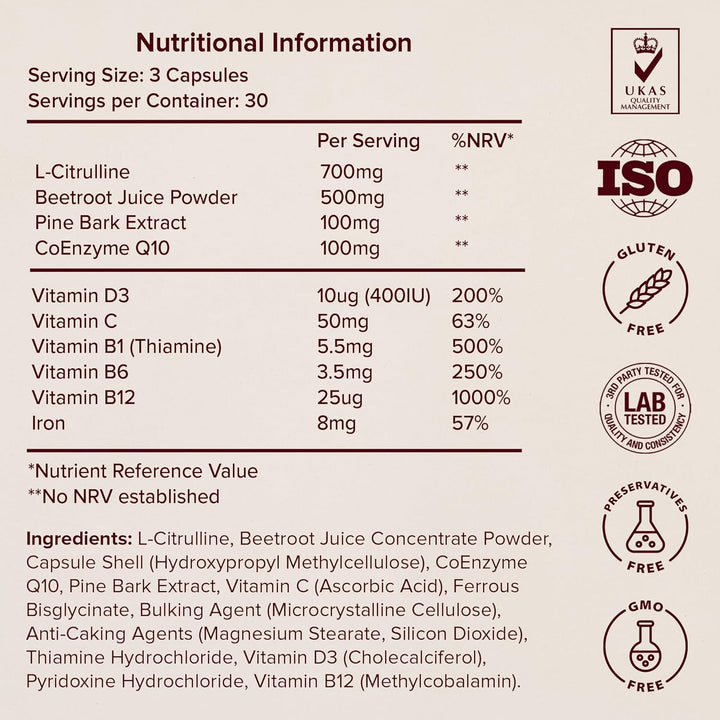 Blood Flow+ Nitric Oxide Booster Supplement – Beetroot, L-Citrulline, Pine Bark & Coq10 for Circulation, Heart Health & Blood Pressure Support – Beetroot Capsules for Energy & Stamina