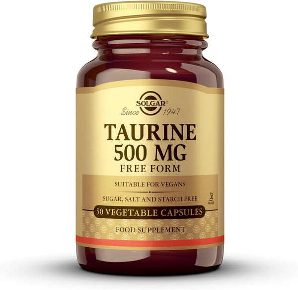 Taurine 500 Mg Vegetable Capsules - Pack of 50 - Free from Sugar, Salt and Starch - Essential Amino Acid - Vegan and Gluten Free, Gold