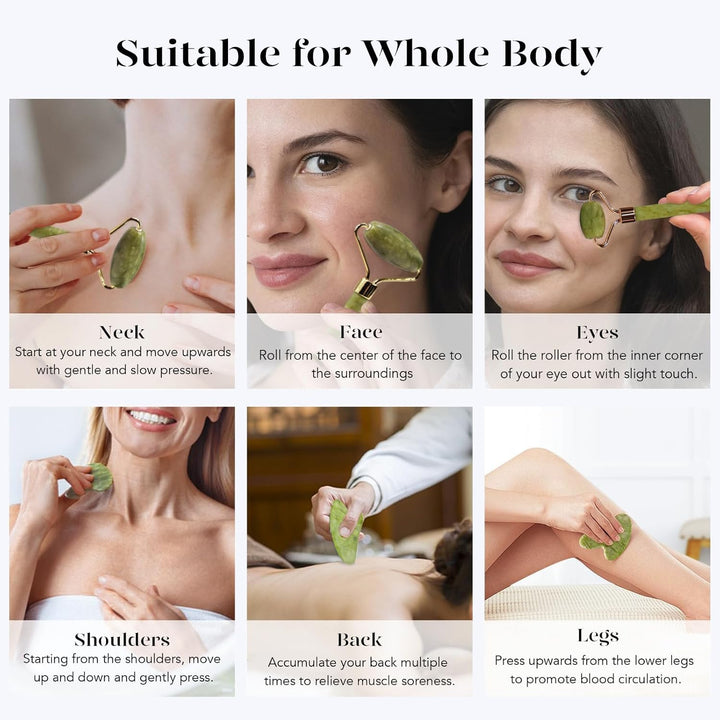 Gua Sha Set and Jade Roller, Jade Gua Sha & Face Rollers for Women, Self Care Gifts for Women, Body Muscle Relaxing, Improve Eye Puffiness, Skin Care Gift