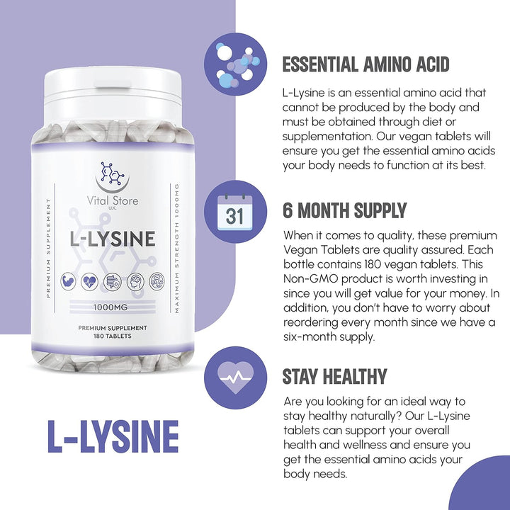 L-LYSINE 1000MG - 180 Vegan Tablets - 6 Month Supply - High Strength Essential Amino Acid