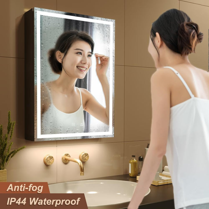 50 X 70 Cm LED Lighted Bathroom Medicine Cabinet with Mirror, Defogger, Dimmer, 3 Color Light Makeup Mirror, Easy to Install, Wall Mounted Medicine Cabinet without Socket & Usbs