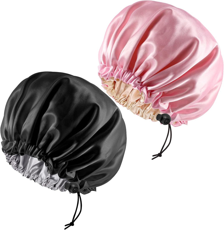 2 Pieces Adjustabl Bonnet, 36Cm Double Sided Satin Sleep Caps Night Sleep Hat for All Hair Lengths Women Curly Natural Hair Head Cover(Black+Pink)