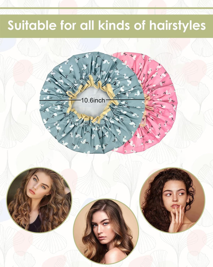 Pack of 2 | Shower Caps for Women, Double Layers Waterproof Bath Caps with Elastic Band, Reusable Shower Hat for Keeping Hair Dry Kitchen Oil-Proof Cap for Adults and Children