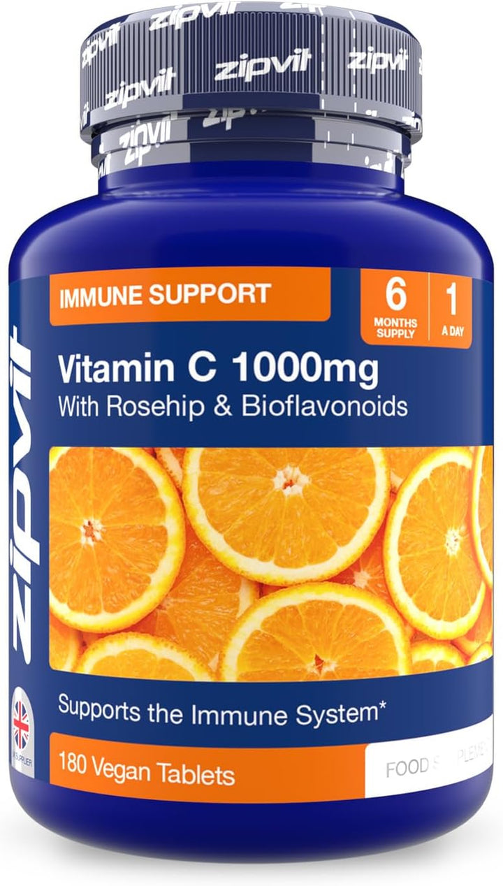 Vitamin C 1000Mg, 180 High Strength Vitamin C Tablets with Rosehip & Bioflavonoids, Vegan VIT C Supplement, Supports the Immune System and Reduction of Tiredness and Fatigue