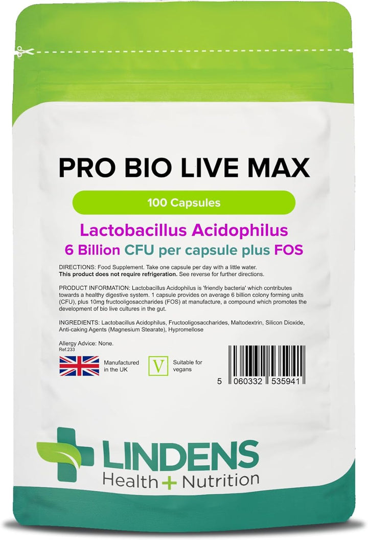 - Pro Bio Live Max 6 Billion CFU Capsules - 100 Pack - UK Made - Contributes to a Healthy Gut and Supports Digestion - Probiotic Vegetarian Capsules - Letterbox Friendly, Vegan