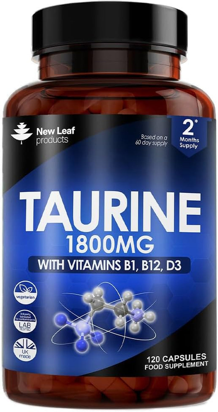 Taurine Supplement - High Strength 1800Mg Capsules Enriched with Vitamins B1, B12 & Vitamin D3-120 Amino Acids Capsules - Vegetarian Made in the UK by New Leaf