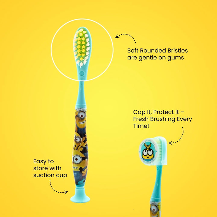 Minions Kids Toothbrush Travel Set – Includes Strawberry-Flavoured Toothpaste & Soft-Bristle Toothbrush with Suction Cup & Protective Cap | Travel-Friendly Oral Care Kit for Children Ages 3+