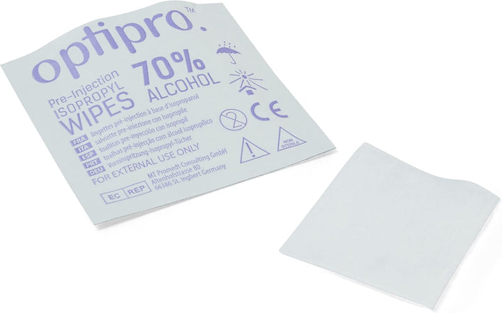 Optipro Pre-Injection Wipes (X100) - Individually Wrapped Disposable Medical Skin Cleaning Easy-Tear 70% Isopropyl Alcohol Sachet (100 Wipes) (Packaging May Vary) (100 Wipes)