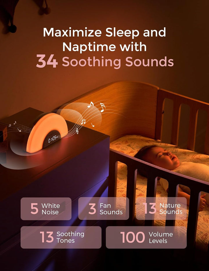 Dreamsync Tech™ Baby Sound Machine, Night Light, APP Control Baby Sleep Trainer, Routine Builder, White Noise Machine with 34 Soothing Sounds, Wake up Light Sunrise Alarm Clock,Speaker