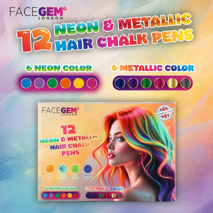 12 Hair Chalks, 12 NEON & METALLIC Hair Chalk, Non-Toxic Easy Washable Hair Dye Colourful, METALLIC & NEON Hair Chalk - Perfect for Festivals, Halloween, Parties, Hair Chalks for Girls