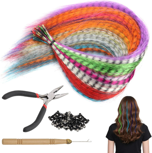 50 Pcs Feather Hair Extensions, Colorful Hairpieces Feathers with 100 Micro Beads, Pliers and Hook, Synthetic Hair Extensions Kit for Women Girls Party Festival Cosplay