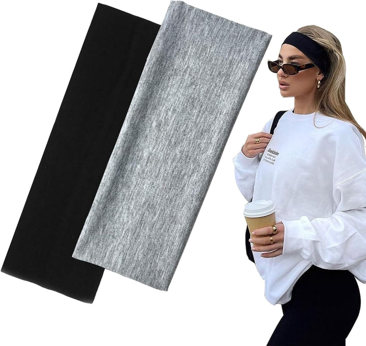 7Cm Wide Black Headbands for Women Men,  2Pack Fashion Head Bands for Women'S Hair, Soft Fabric Stretchy Hair Bands for Makeup, Yoga, Running (2Xblack)