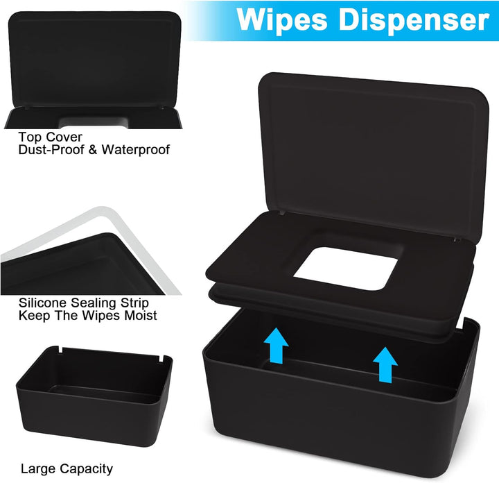 2 Pcs Wet Wipes Dispenser Box, Wet Wipes Storage Box with Lid Tissue Box Holder Rectangular, Baby Nappy Wipes Case for Toilet, Bathroom - Black