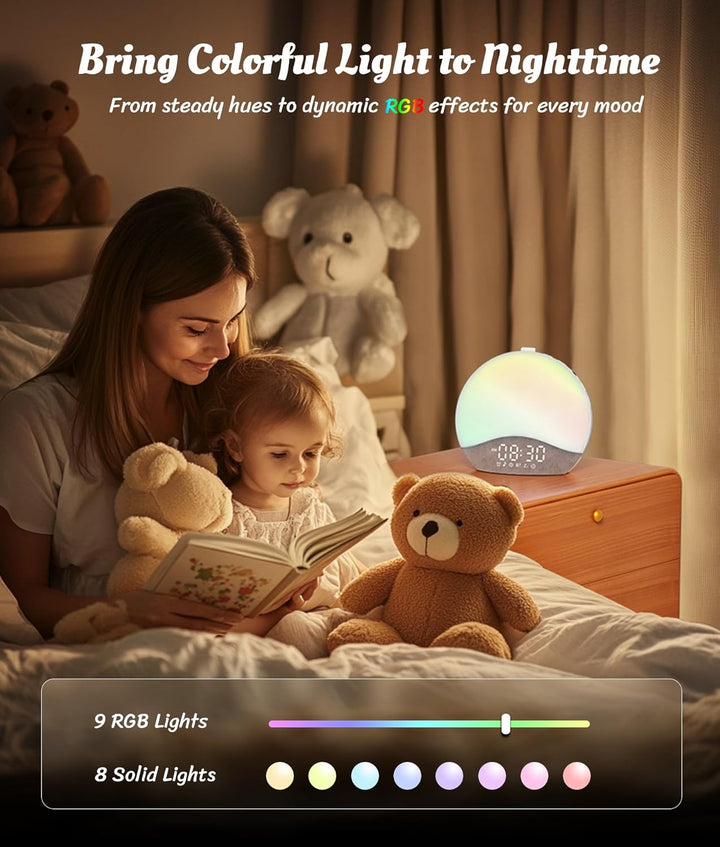Sunrise Alarm Clock, White Noise Machine, Bluetooth Sync, 26 Sounds, 17 Night Lights, Upgraded Backlit Button, Sunrise/Sunset Simulation, Wake up Light for Heavy Sleeper, Elderly, Kid