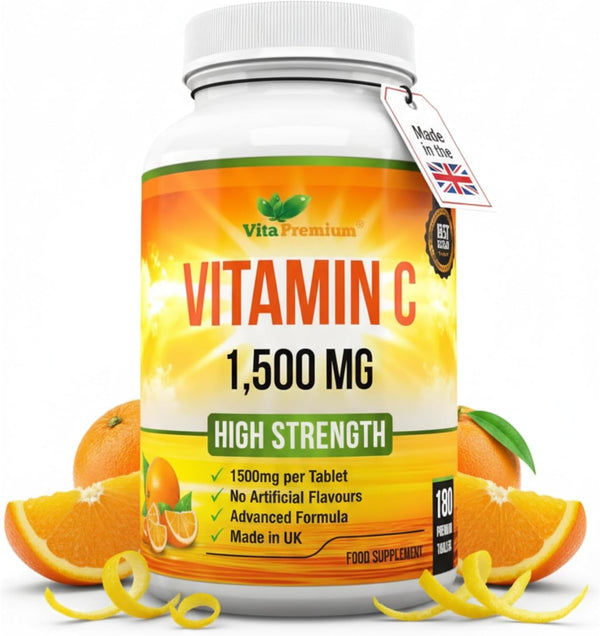 Vitamin C 1500Mg per Tablet, High Strength 180 Vegan Tablets, Food Supplement, 6 Month Supply - Made in UK