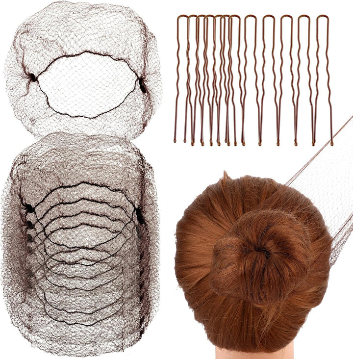 Hair Nets for Buns, Ballet Hair Net, 20 Pcs 50 Cm Individual Package Invisible Hair Nets and 40 Pcs U Shaped Hair Pins Set for Women, Girls, Ballet Dancer, Nurse(Brown)