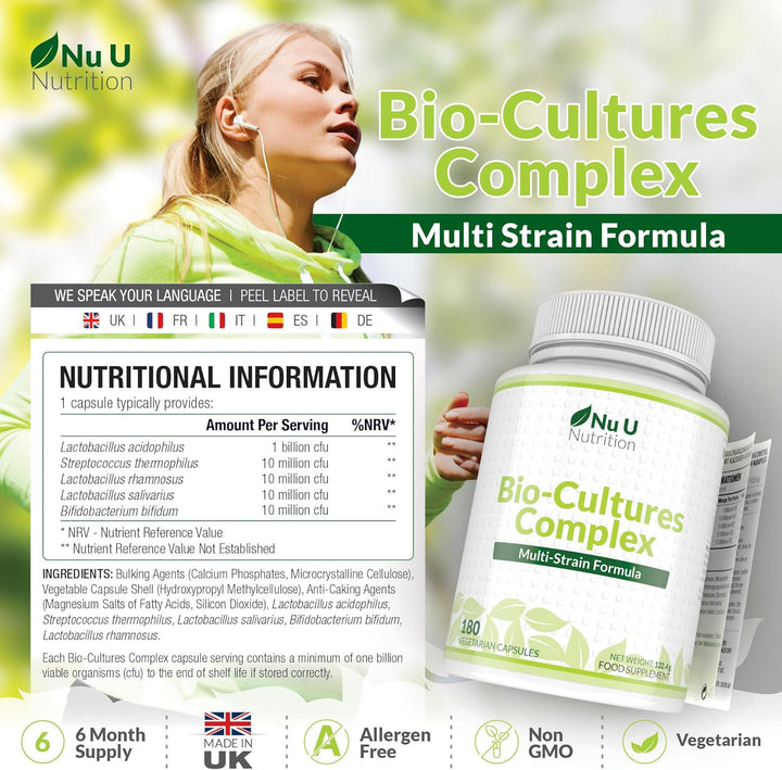 Bio-Cultures Complex - 180 High Strength Capsules - Lactobacillus Acidophilus, Rhamnosus & Bifidobacterium - 6 Month Supply - Gentle Vegetarian Multi-Strain Formula for Men & Women -