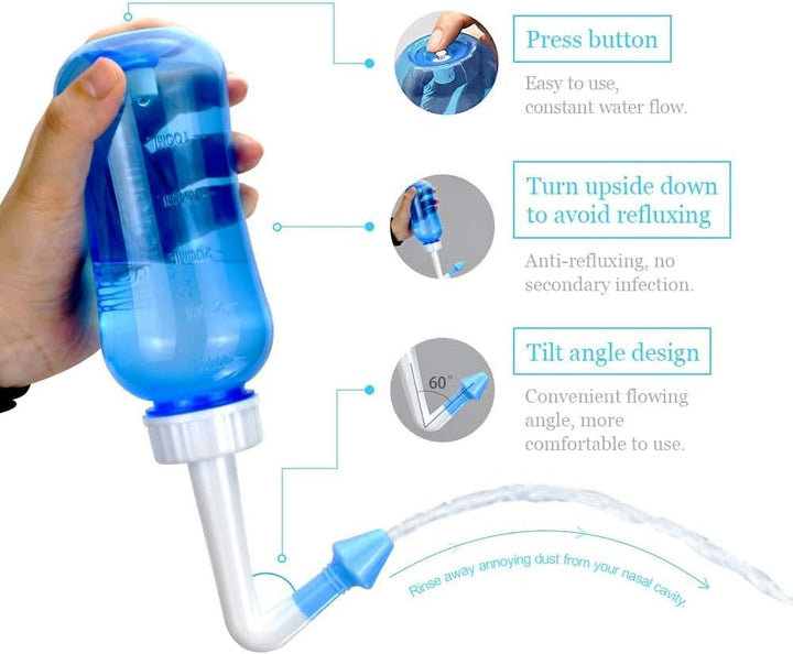 Neti Pot, Sinus Rinse Bottle 300Ml, Nose Cleaner, Nasal Irrigation System with 30 Nasal Wash Salt Packets and Sticker Thermometer for Adult & Kid BPA Free(300Ml,Blue)