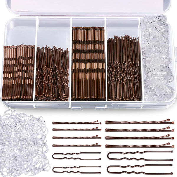 300 Pcs Bobby Pins Kit, Hair Pins for Women, Hair Grips, 100 Brown Waved Hair Pins (50Pcs L+50Pcs S), 100 Brown U Shaped H-Air P-Ins, 100 White Elastic Bands, with Storage Box