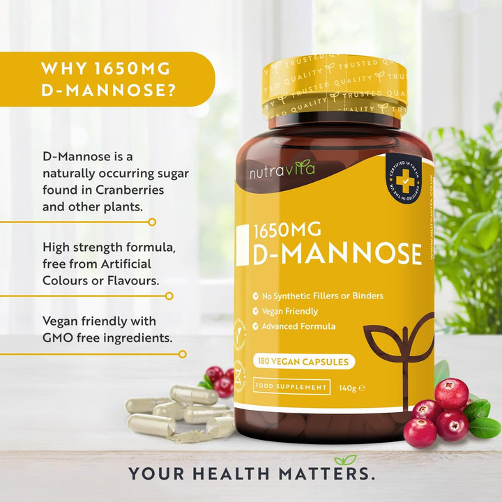 D-Mannose 1650Mg High Strength Capsules – 180 Vegan Friendly Capsules (Not Tablets) – 100% Natural Premium D Mannose Supplement – Made in the UK by