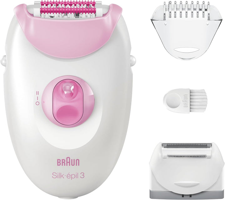 Silk-Épil 3, Corded Epilator for Hair Removal, Weeks of Smooth Skin, with Lady Shaver Head & Trimmer Comb, 3-031, Pink