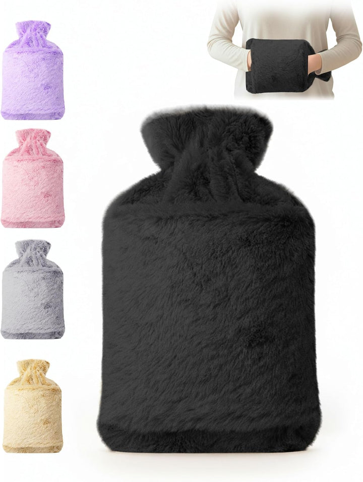 Hot Water Bottle 2L with Soft Faux Fur Cover, Leakproof Natural Rubber, Long Lasting Warmth for Neck, Back & Hands, Fluffy Cosy Design for Men & Women, Winter Comfort - Grey