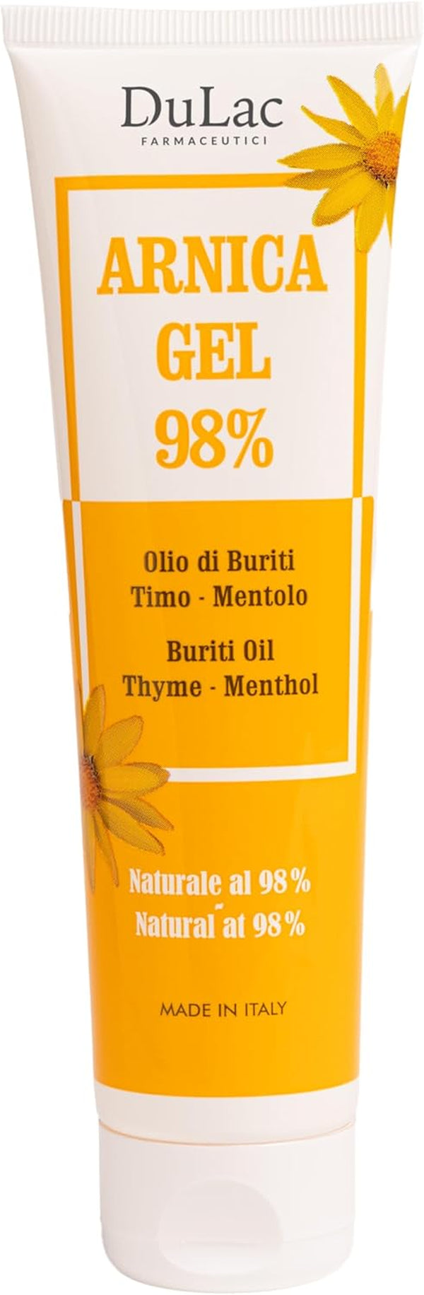 Dulàc, 98% Arnica Gel with Buriti Oil, Thyme and Menthol, for Massaging the Skin of Muscles and Joints, Dermatologically Tested, Nickel Tested, Made in Italy, 100 Ml