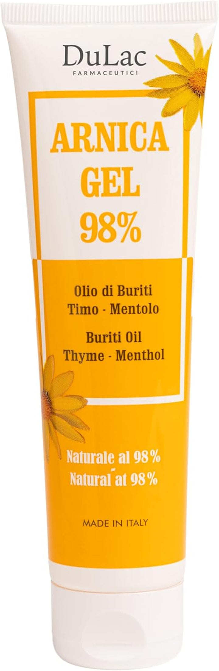 Dulàc, 98% Arnica Gel with Buriti Oil, Thyme and Menthol, for Massaging the Skin of Muscles and Joints, Dermatologically Tested, Nickel Tested, Made in Italy, 100 Ml