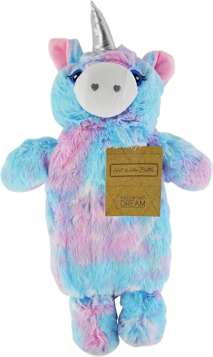 Hot Water Bottle with Rainbow Coloured Faux Fur Unicorn Design Cover